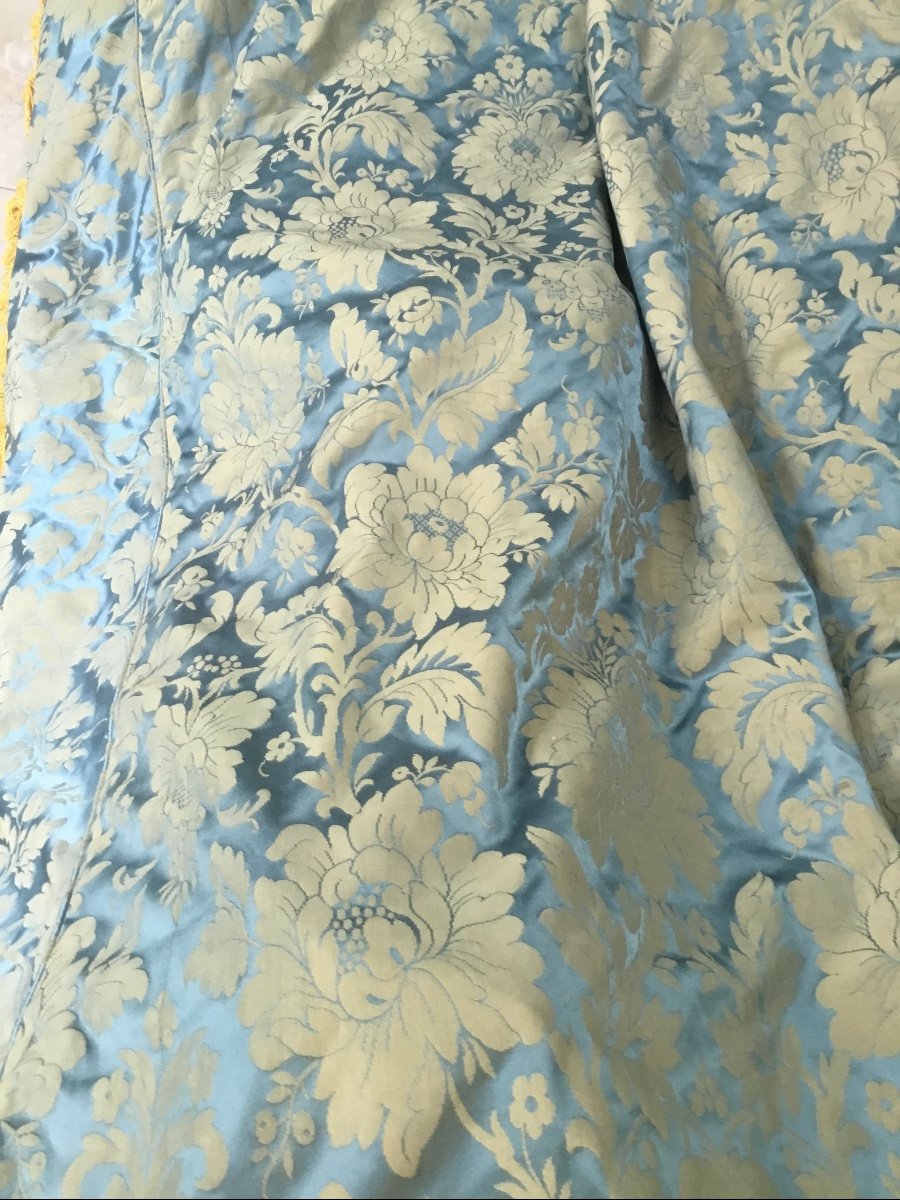 Couvre Lit En Damas De Soie Bleue Frangé En 140, Fin XIXème -photo-7
