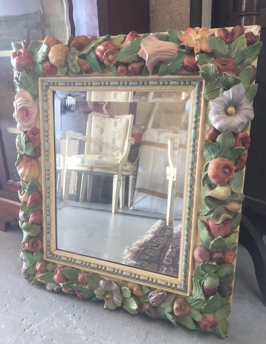 Beveled Mirror In Painted Stucco Decorated With Flowers And Fruits-photo-2