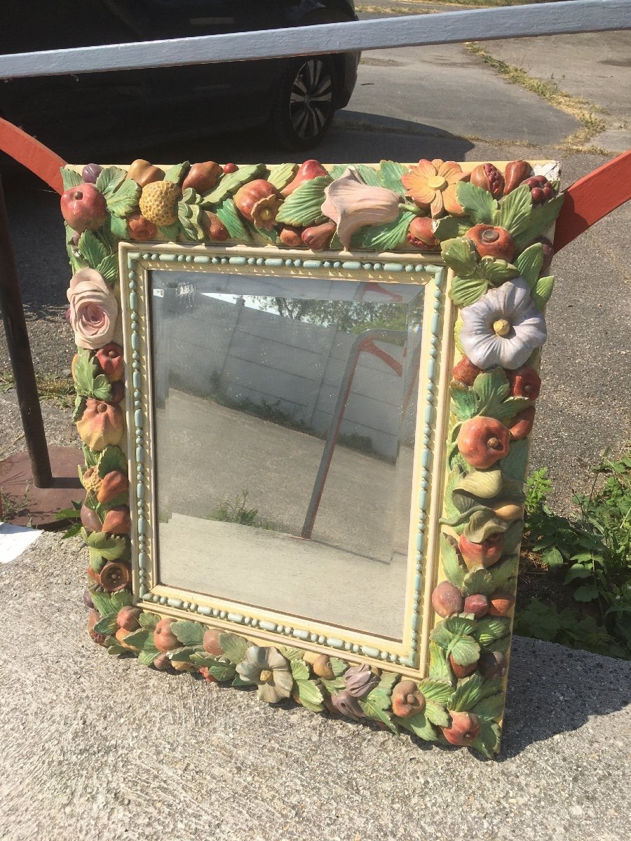 Beveled Mirror In Painted Stucco Decorated With Flowers And Fruits-photo-3