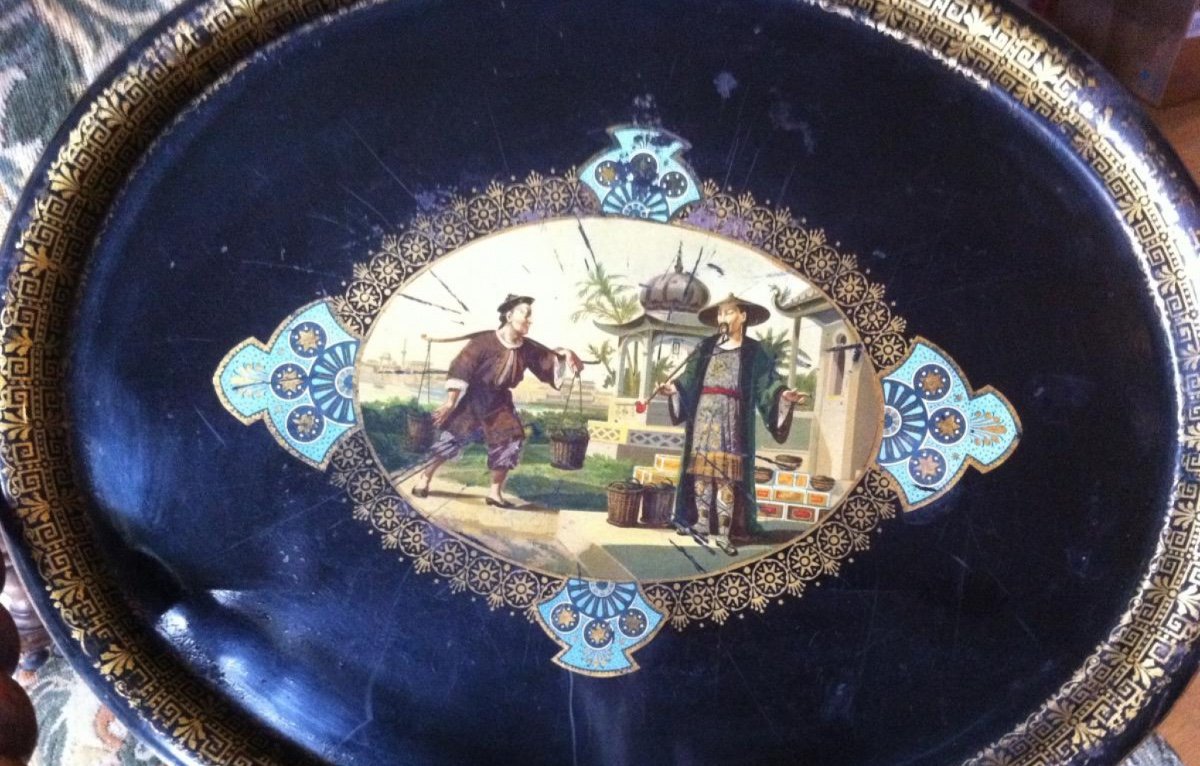 Grand Plateau Tôle , Décor Au Chinois , XIXème-photo-3