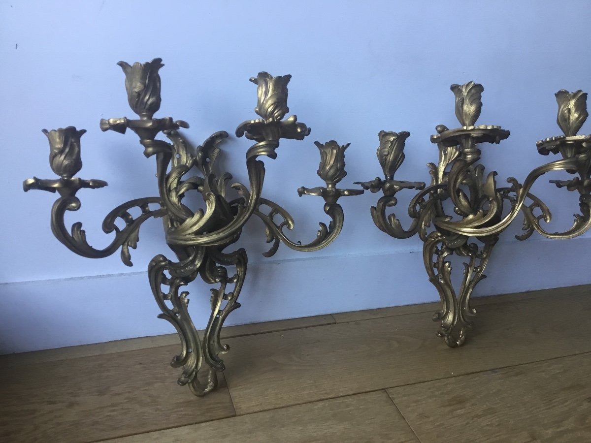 Pair Of Imposing Rocaille Sconces In Bronze, Louis XV Style-photo-3