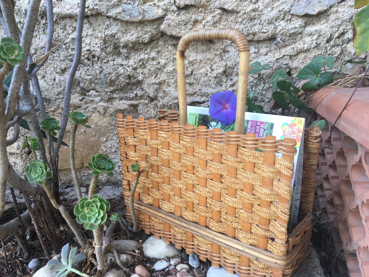 Magazine Rack In Bamboo And Woven Wicker, 20th Century-photo-2