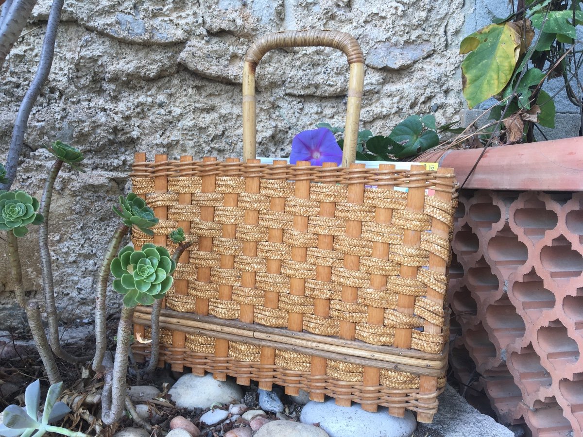 Magazine Rack In Bamboo And Woven Wicker, 20th Century-photo-3