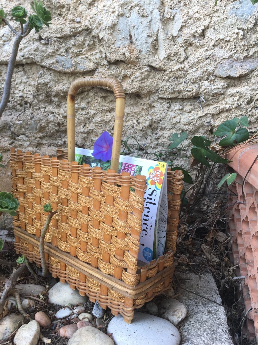Magazine Rack In Bamboo And Woven Wicker, 20th Century-photo-1