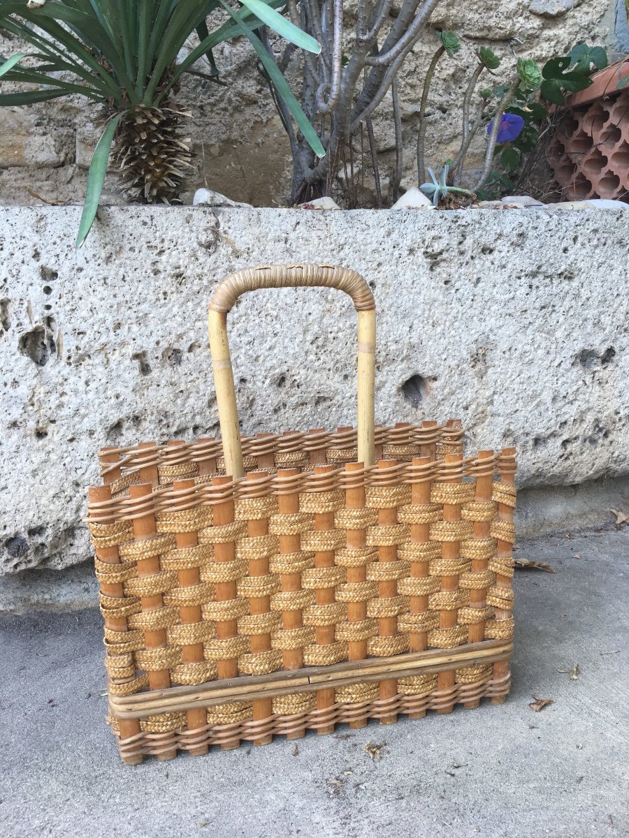 Magazine Rack In Bamboo And Woven Wicker, 20th Century-photo-4