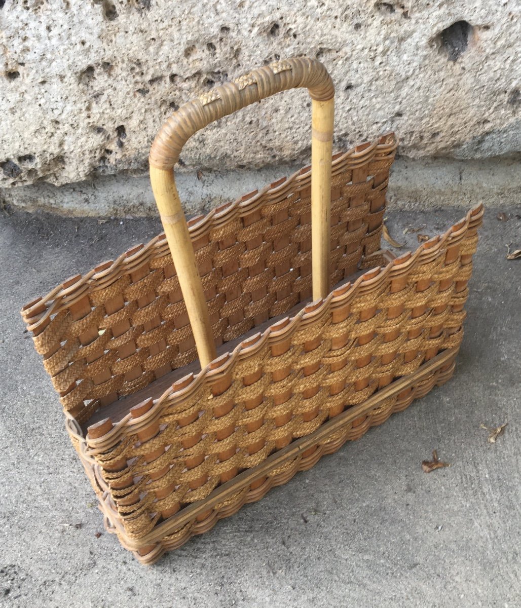 Magazine Rack In Bamboo And Woven Wicker, 20th Century-photo-5
