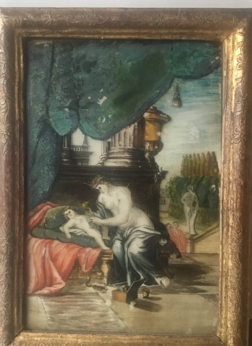 Fixé Sous Verre Vierge à L’enfant Dans Un Cadre Provençal, XVIIIème 