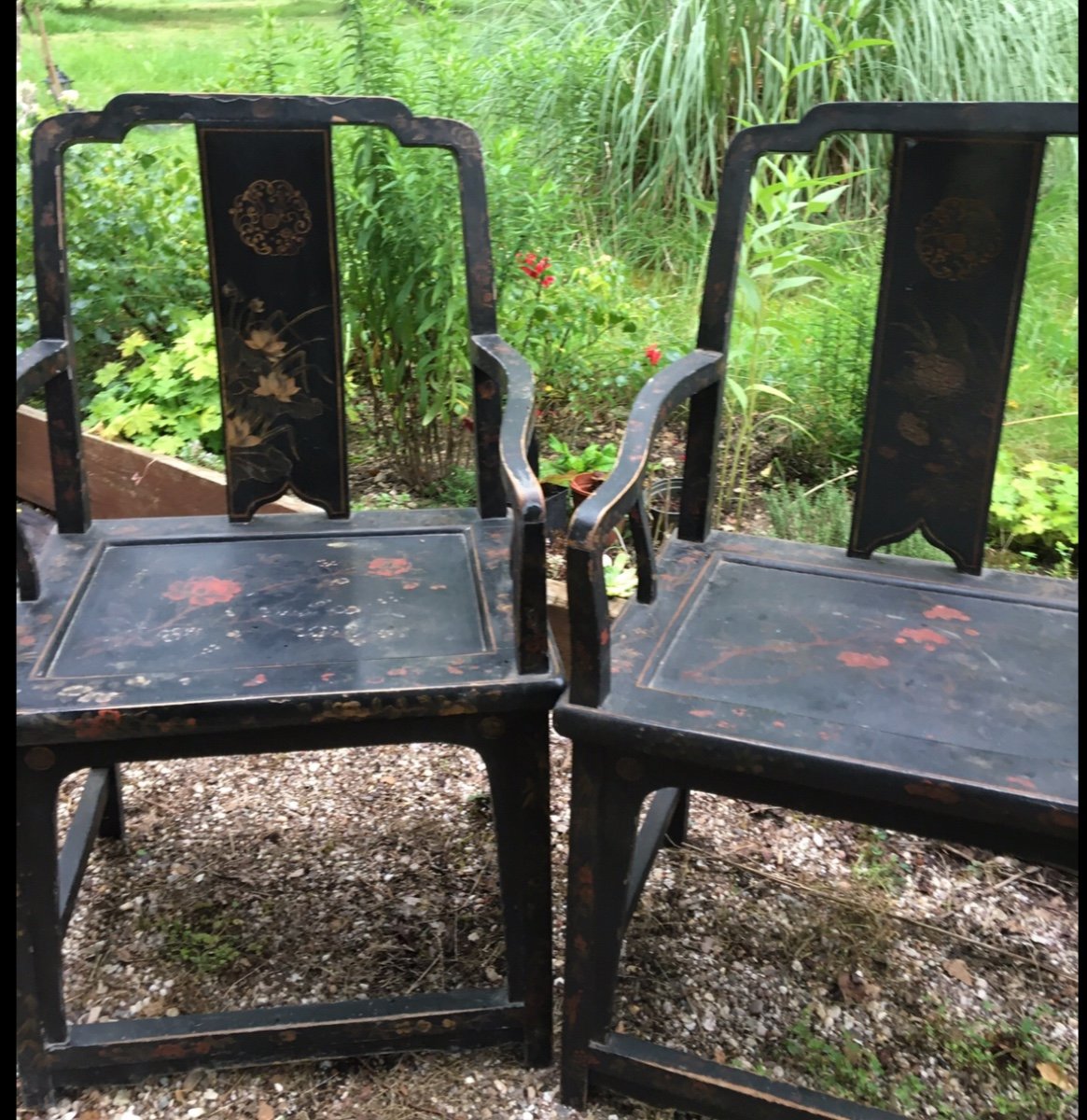 Pair Of Lacquered Armchairs With Floral Decor, China, Circa 1900-photo-3