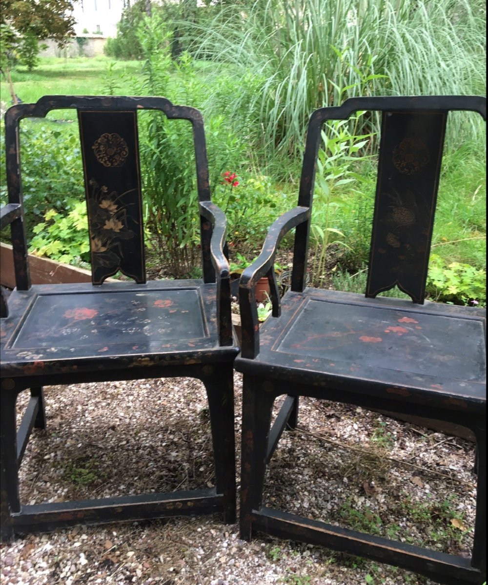 Pair Of Lacquered Armchairs With Floral Decor, China, Circa 1900-photo-5
