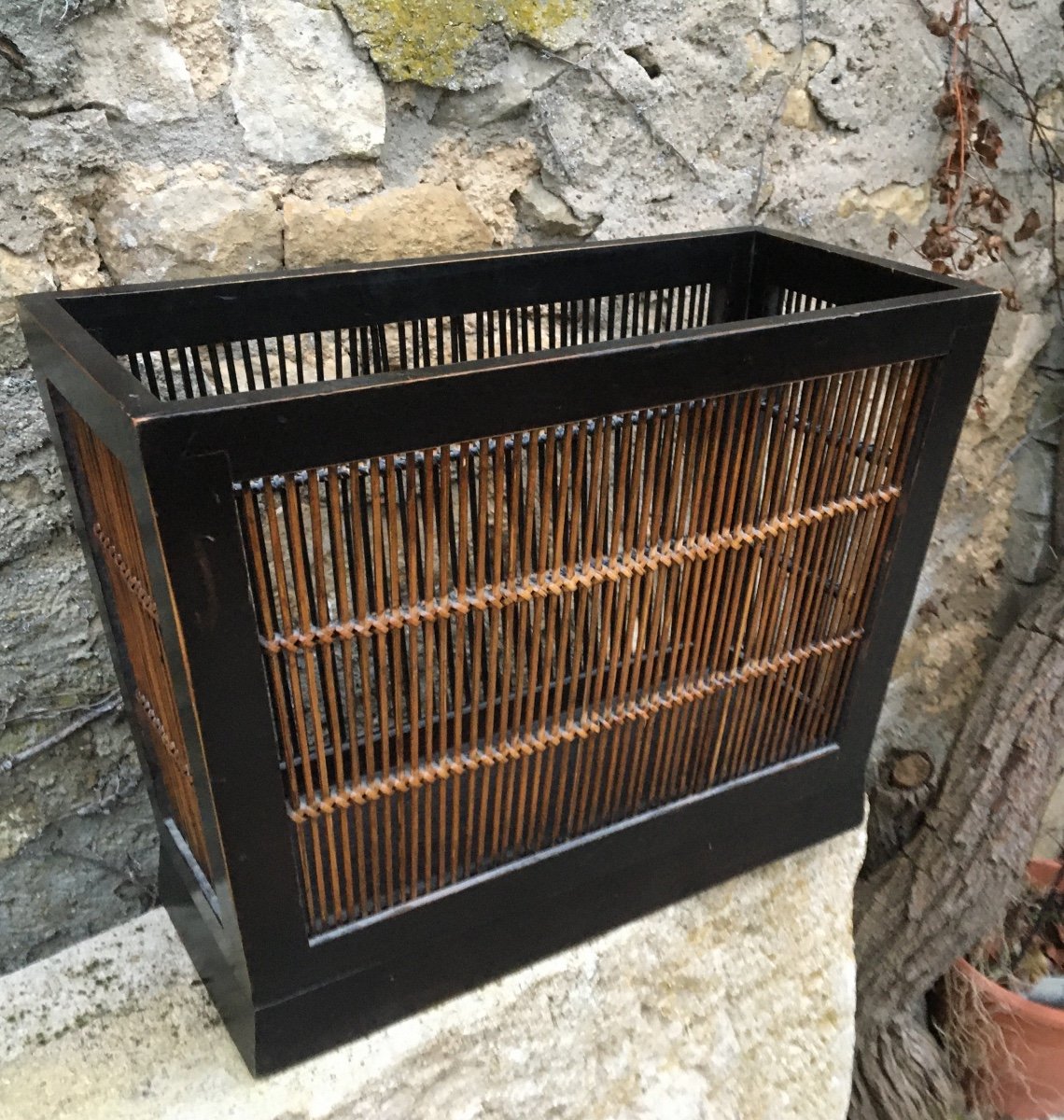 Wooden And Woven Wicker Magazine Rack