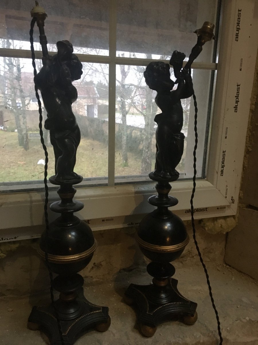 Pair Of Large Cast Iron Lamps With Putti Decor-photo-8