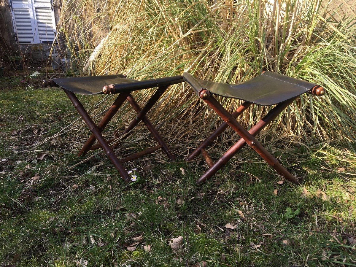 The Pair Of Stools, Bamboo And Leather Luggage Racks -photo-2