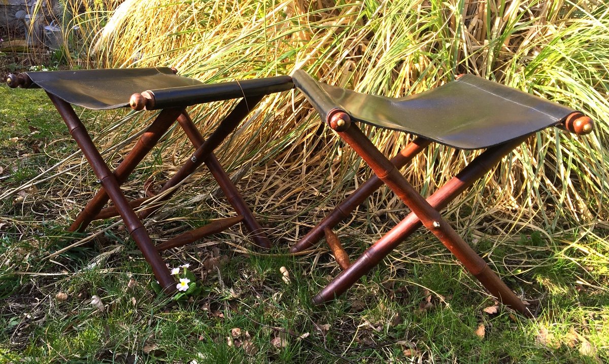 The Pair Of Stools, Bamboo And Leather Luggage Racks 
