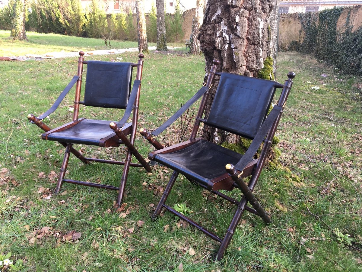 Pair Of Folding Wooden Chairs In Bamboo And Leather Look-photo-1