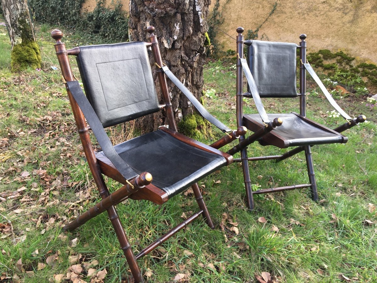 Pair Of Folding Wooden Chairs In Bamboo And Leather Look-photo-5