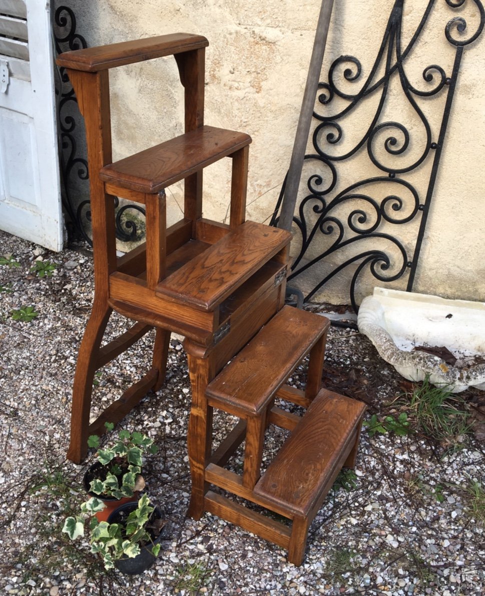 Chaise Escabeau de bibliothèque En Chêne Patiné, Vers 1900-photo-8