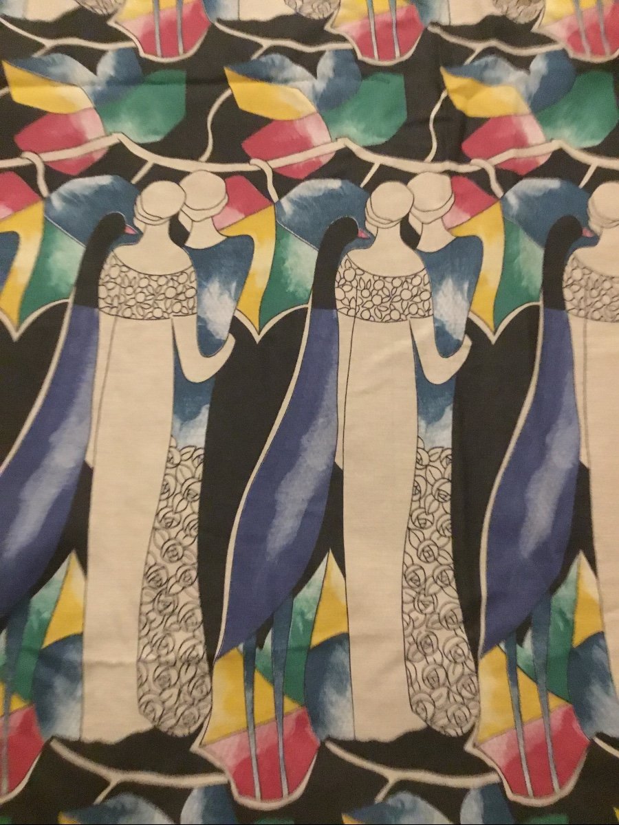 Pair Of Art Deco Period Curtains With Silhouettes 