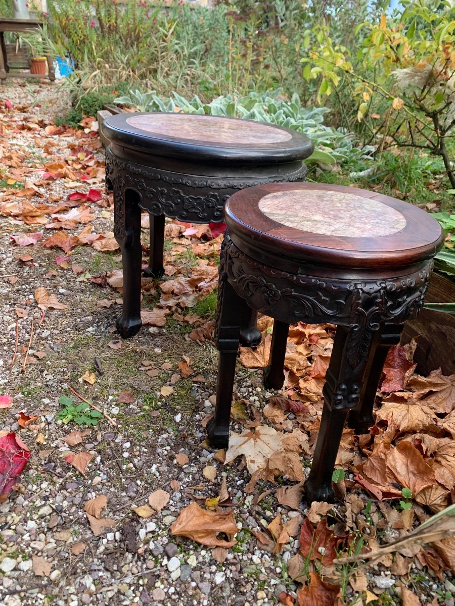 Sellette Chinoise Bois Exotique Sculpté Et Marbre -photo-1
