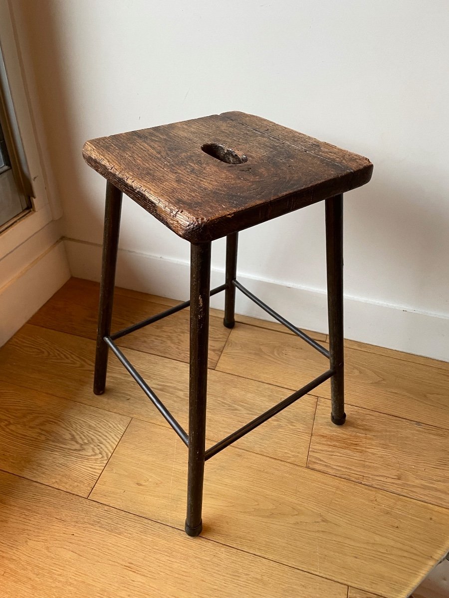 Tabouret D’atelier Bois Et Fer Forgé -photo-4