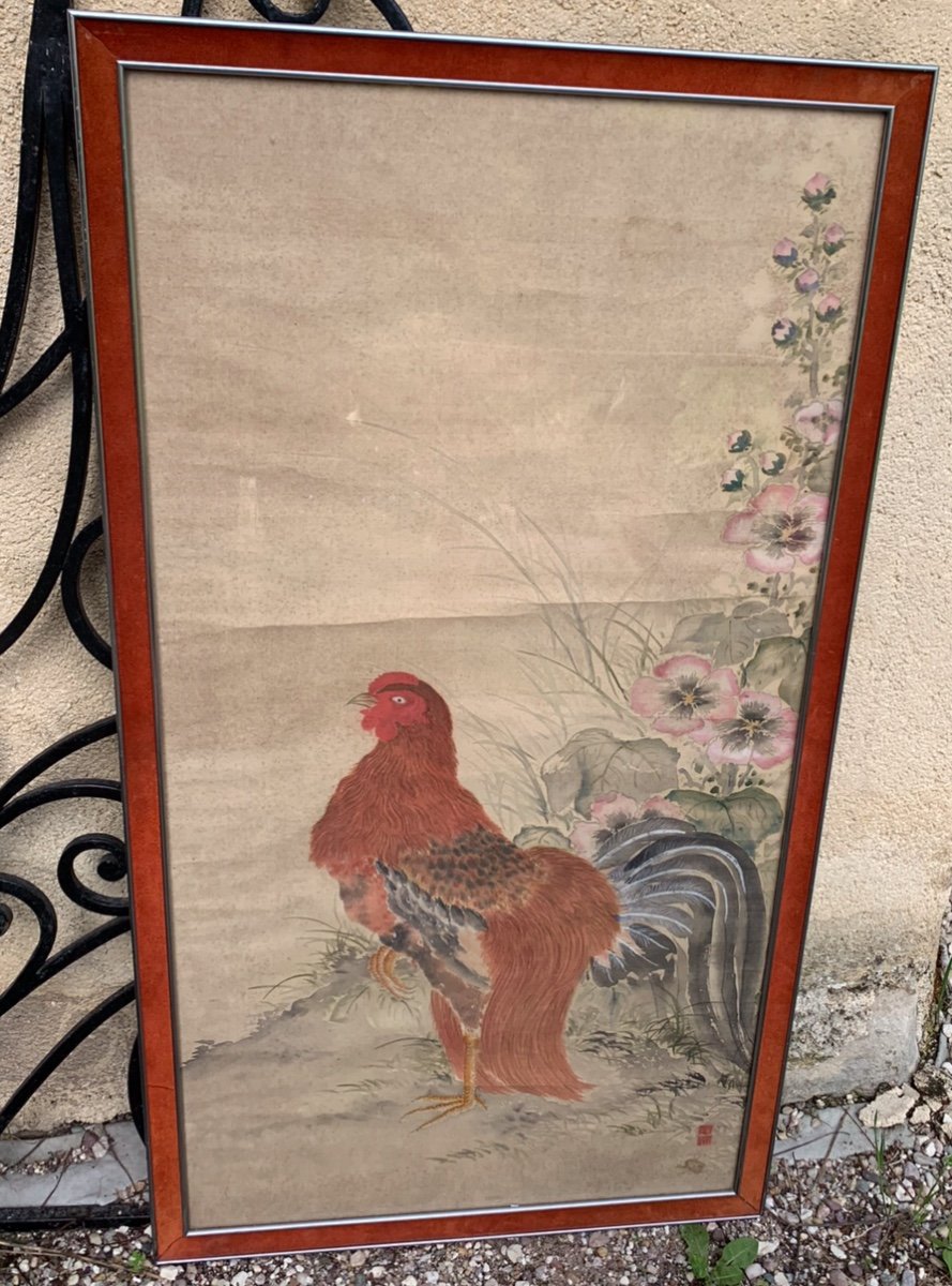 Asian Watercolor The Rooster With The Hollyhock 