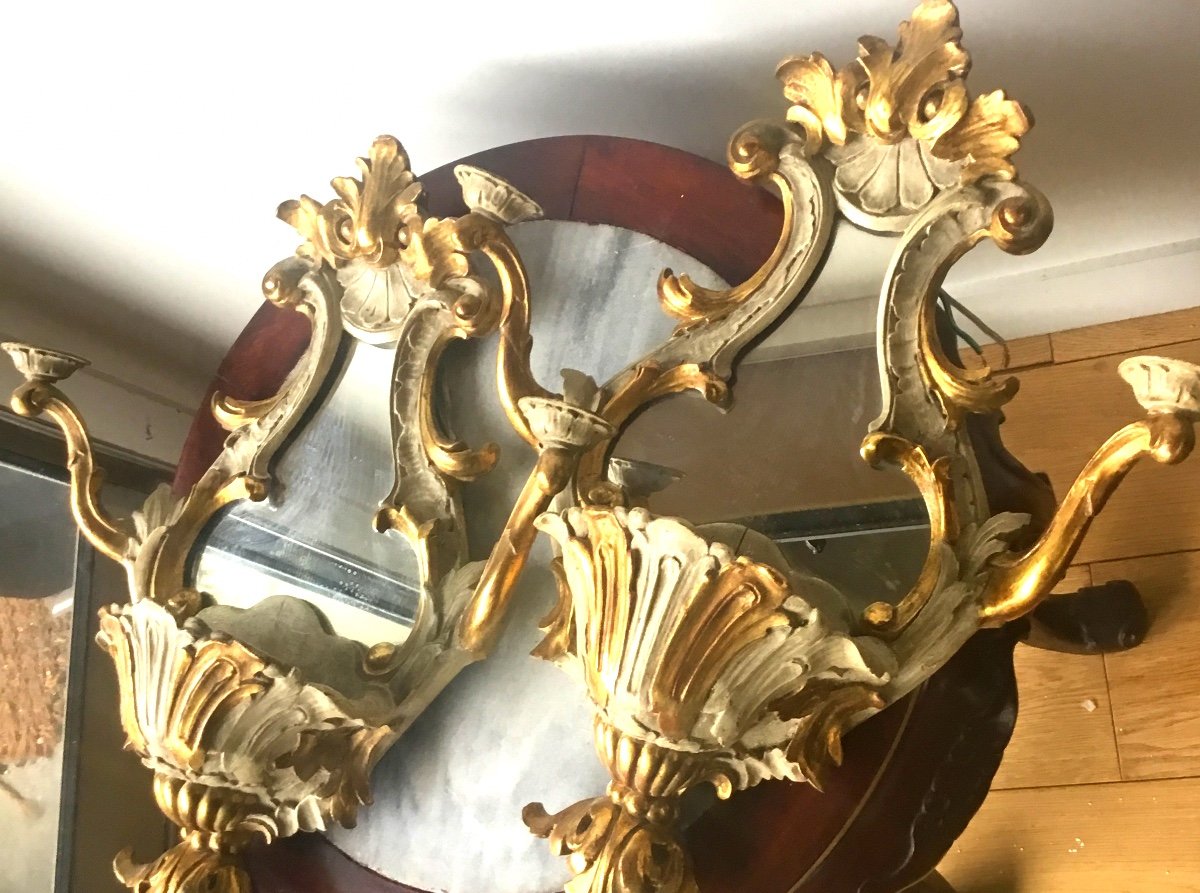 Pair Of Small Baroque Illuminated Mirrors In Gilded And Lacquered Wood