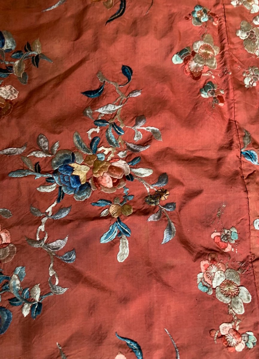 Broderie Chinoise , Carré De Soie Brodé , XIXème 