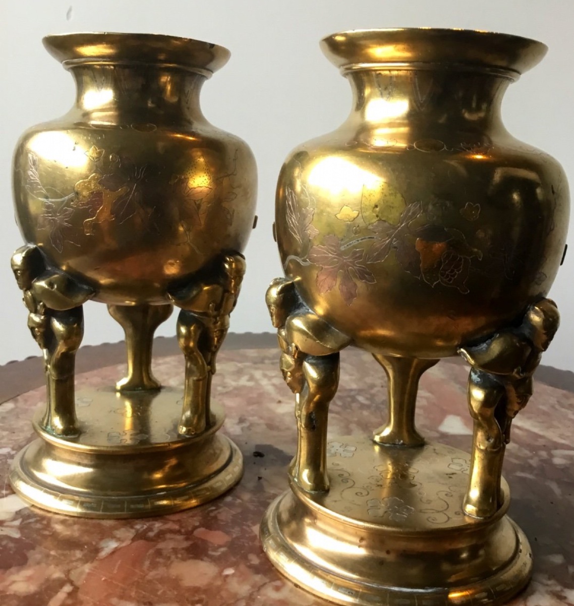 Pair Of Japanese Vases With Carriers, Three Patinas, Edo Period-photo-2