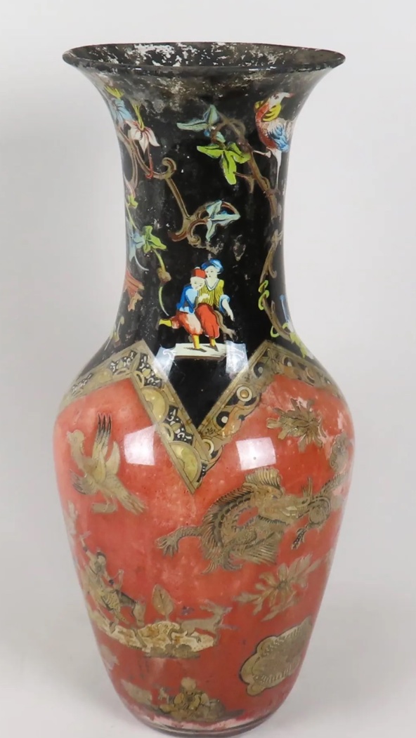 Eglomisé Glass Balluster Vase With Chinese Decor -photo-1
