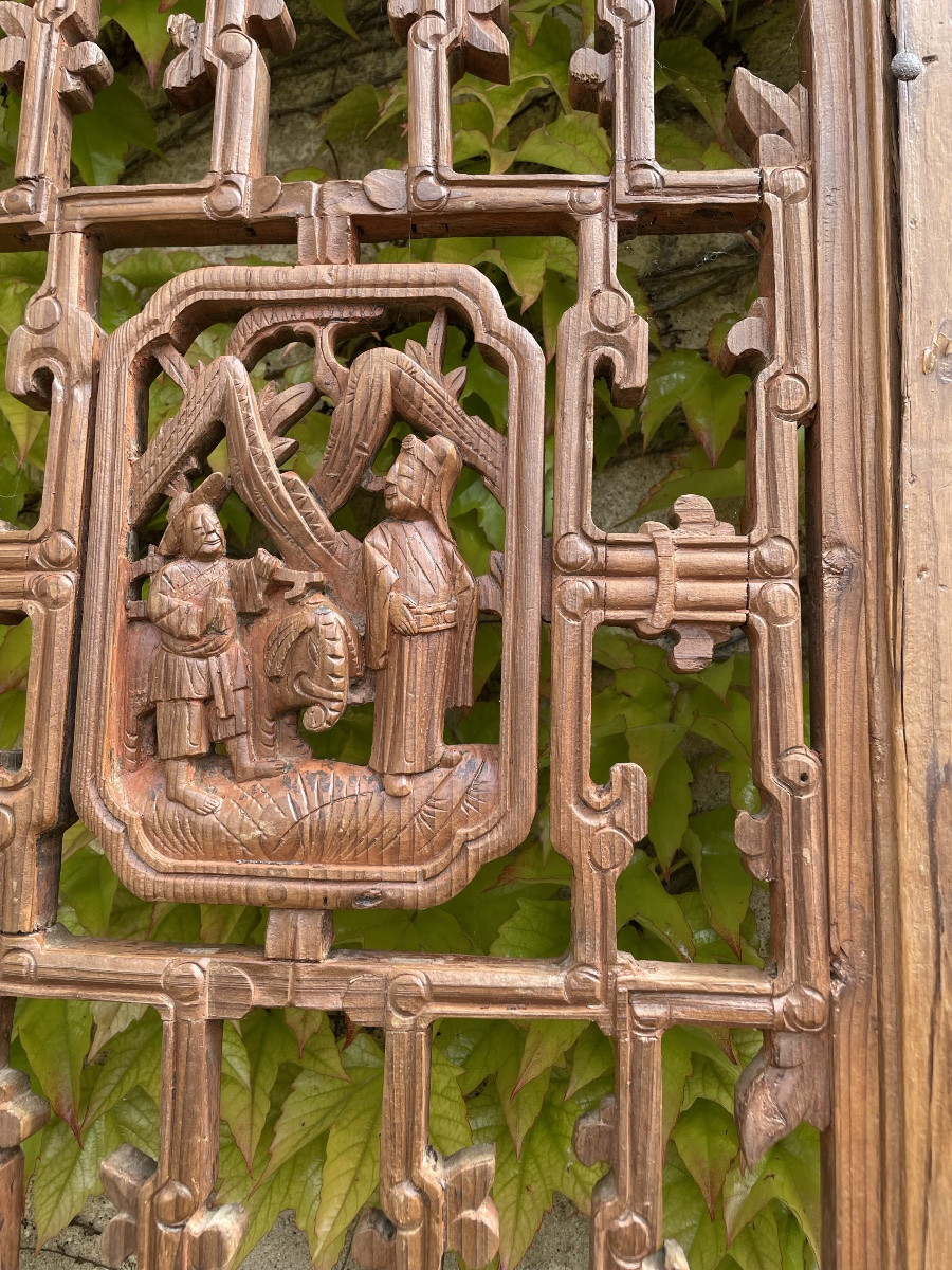Pair Of Very Large Carved Partition Panels With Figures And Flowers, China, 19th Century-photo-2