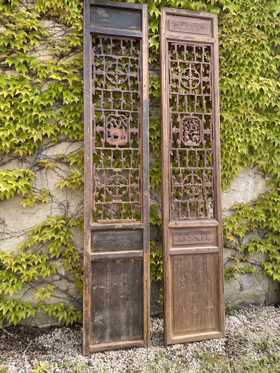 Pair Of Very Large Carved Partition Panels With Figures And Flowers, China, 19th Century-photo-8