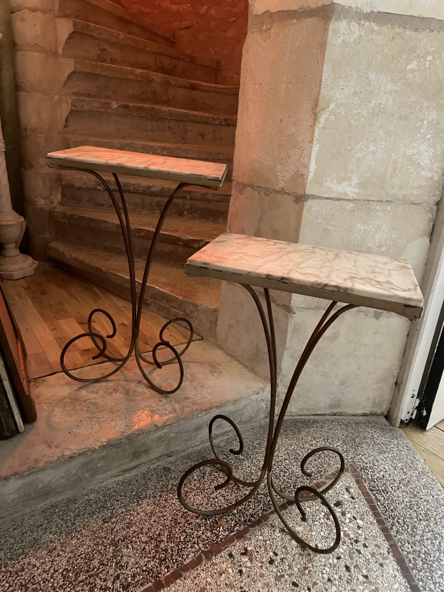 La Paire de bouts de canapé, fer forgé et marbre -photo-4