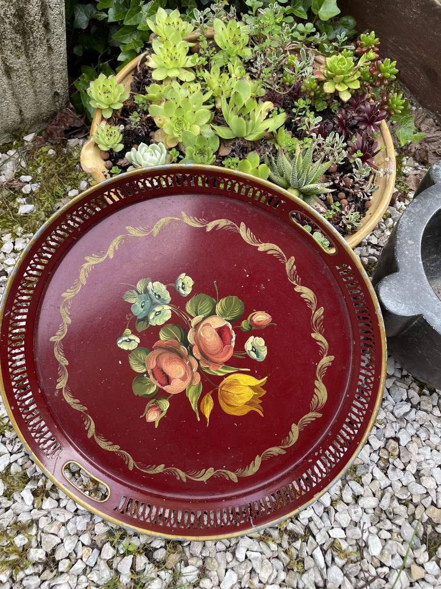Plateau En Tôle Peinte À décor d’un bouquet de fleurs -photo-2