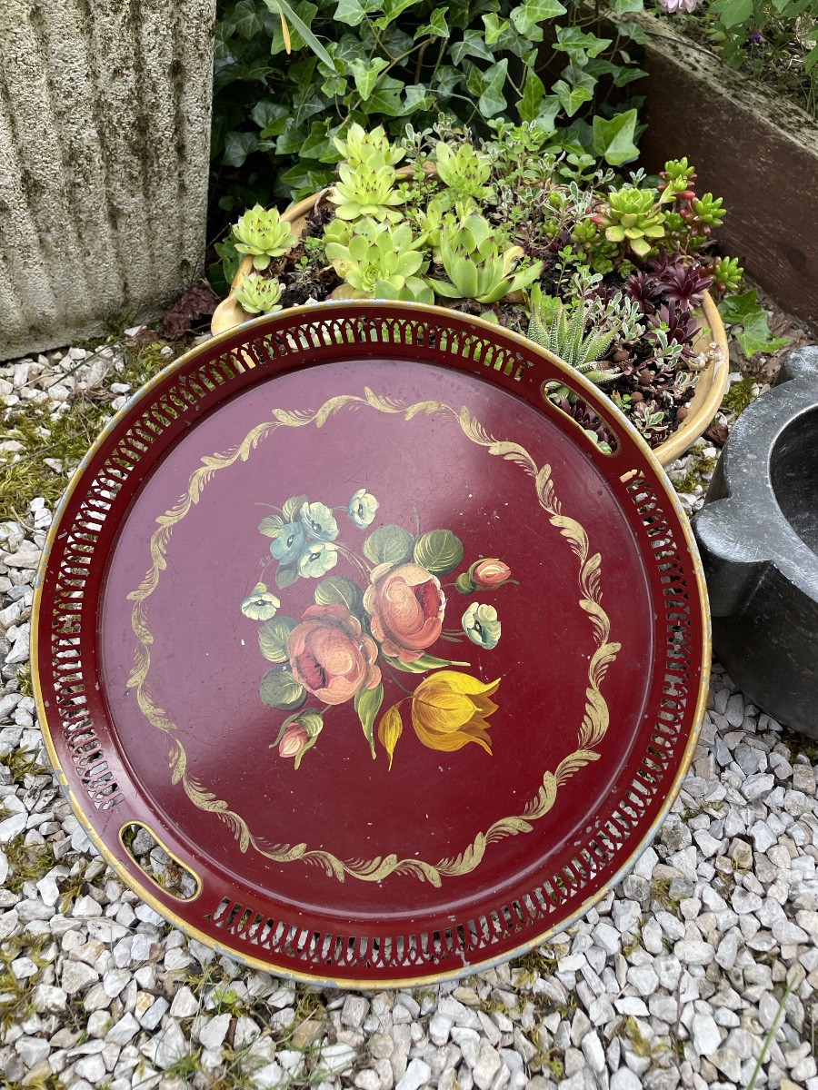 Plateau En Tôle Peinte À décor d’un bouquet de fleurs -photo-3