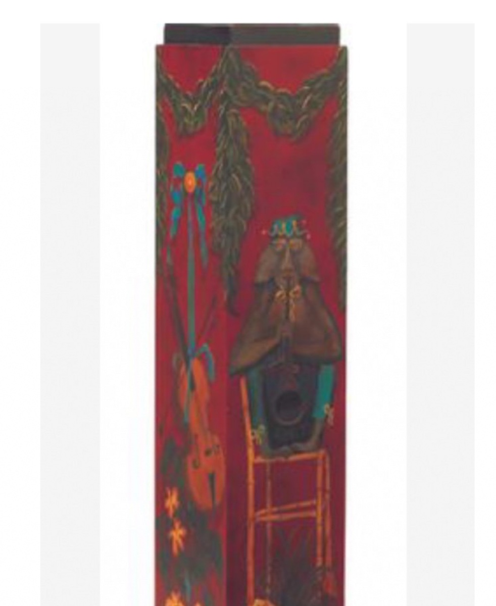 Column, Painted Sheath With Decoration Of Musical Instruments And Monkey 136 Cm Flag-photo-3