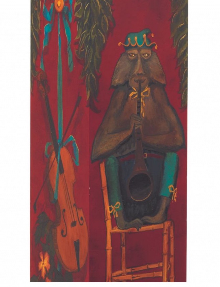 Column, Painted Sheath With Decoration Of Musical Instruments And Monkey 136 Cm Flag-photo-6