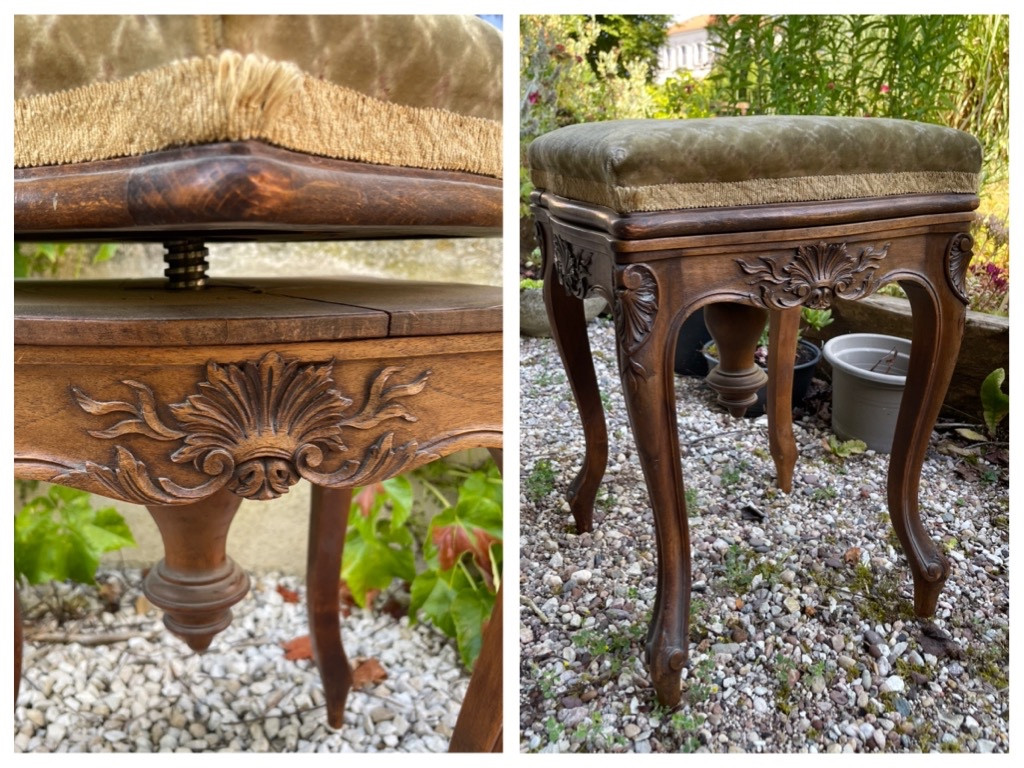 Carved Natural Wood Piano Stool