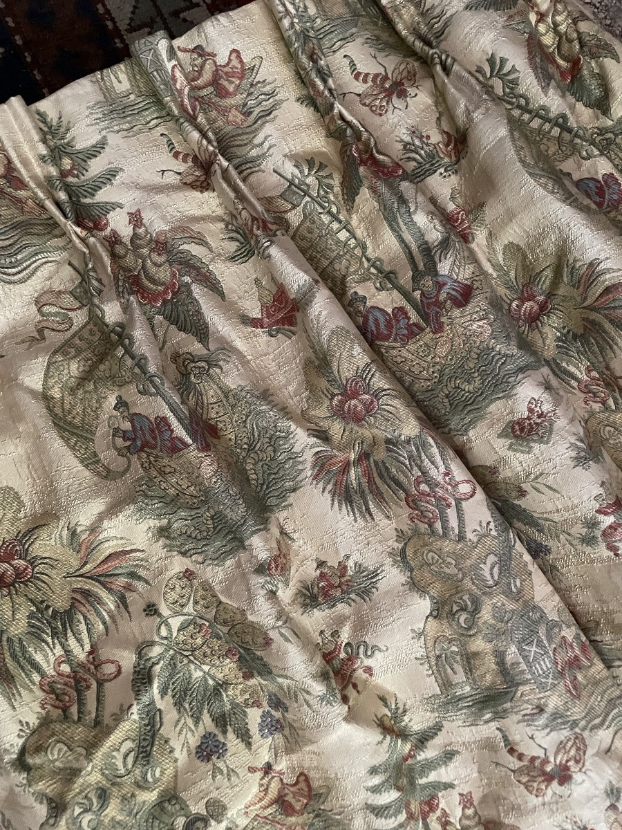 Pair Of Large Double Curtains With Chinoiserie Motifs-photo-5