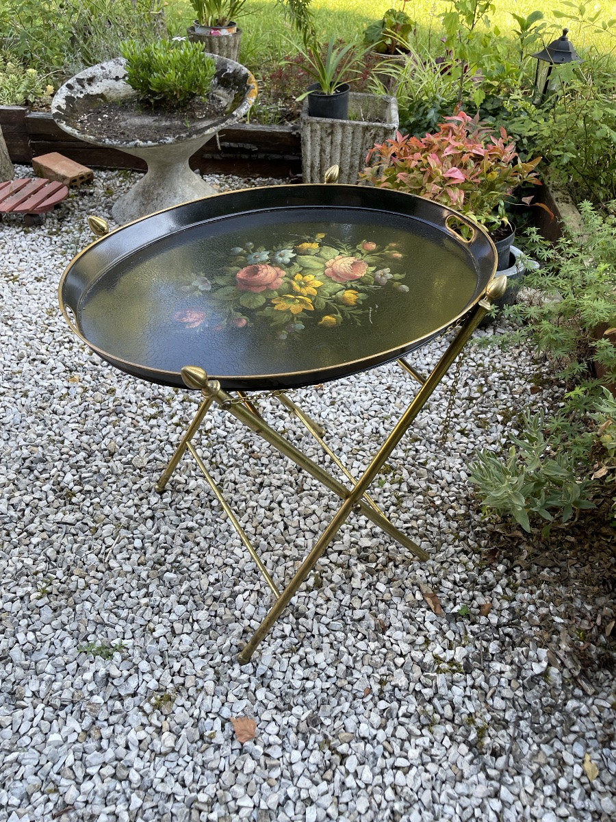 Flying Table With Metal Base And Sheet Metal Top With Floral Decoration -photo-2