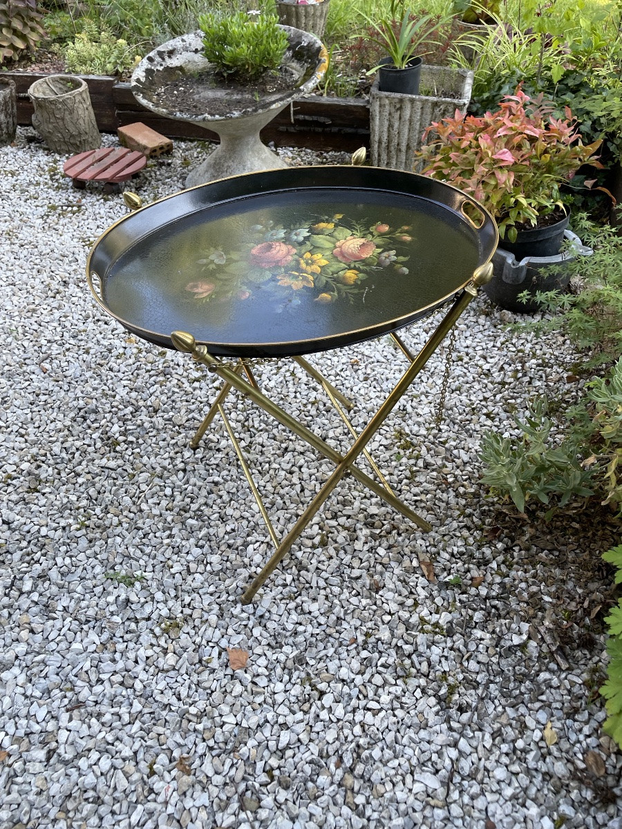Flying Table With Metal Base And Sheet Metal Top With Floral Decoration -photo-3