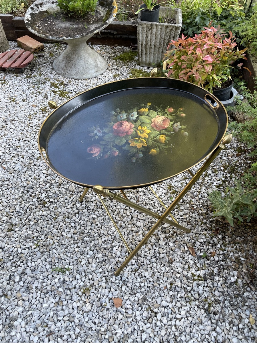 Flying Table With Metal Base And Sheet Metal Top With Floral Decoration -photo-4