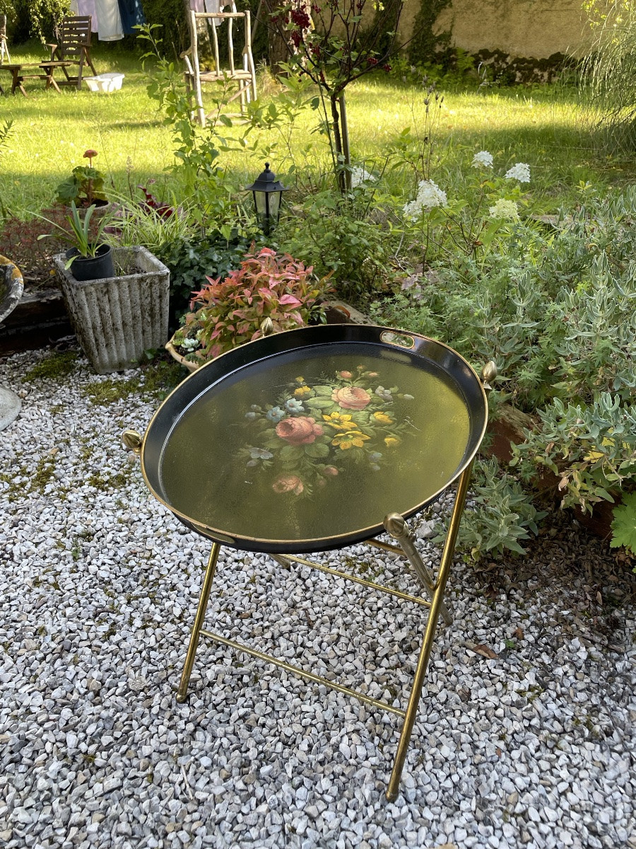 Flying Table With Metal Base And Sheet Metal Top With Floral Decoration -photo-1