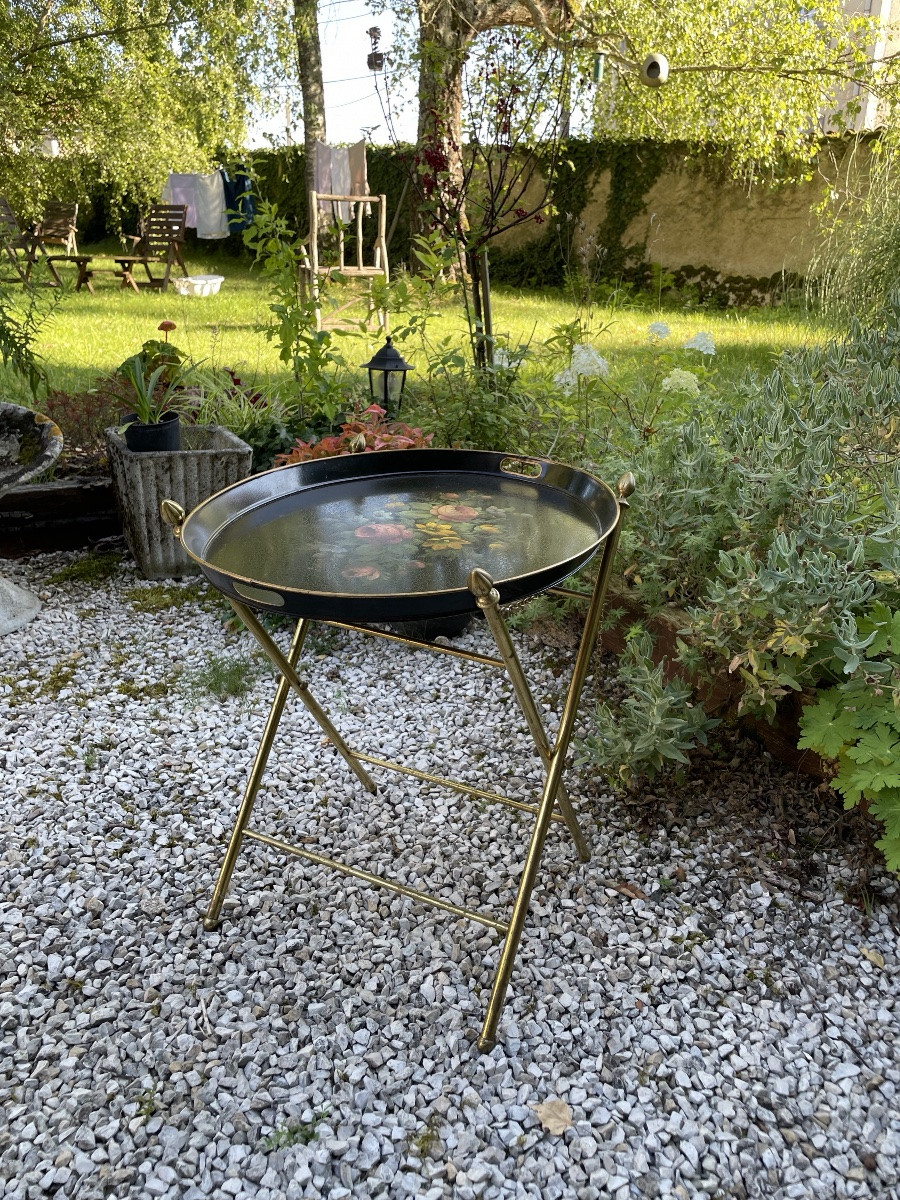 Flying Table With Metal Base And Sheet Metal Top With Floral Decoration -photo-2