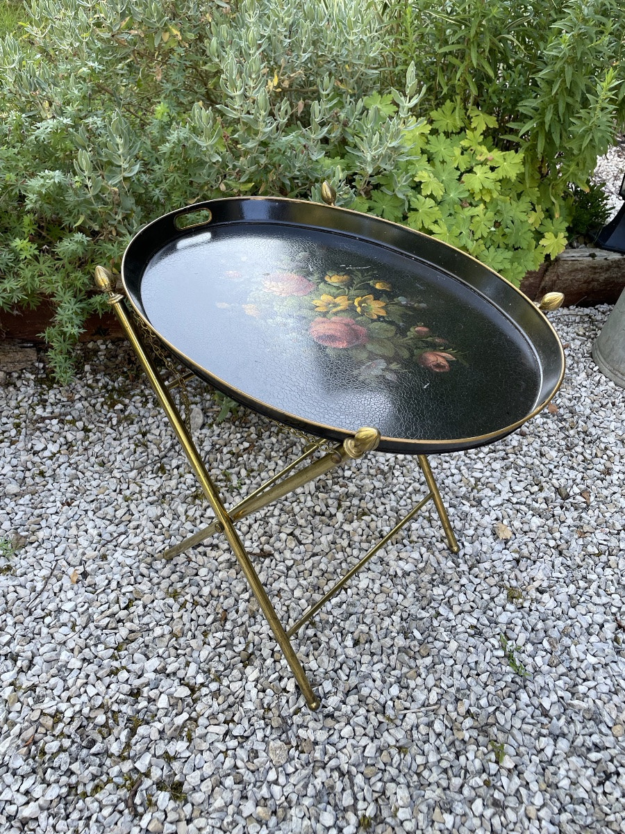 Flying Table With Metal Base And Sheet Metal Top With Floral Decoration -photo-5