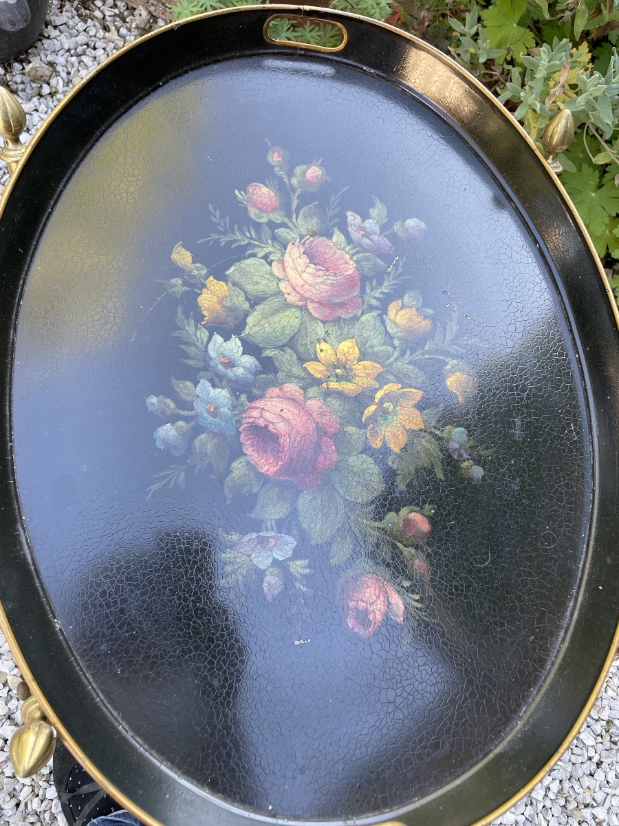 Flying Table With Metal Base And Sheet Metal Top With Floral Decoration -photo-6