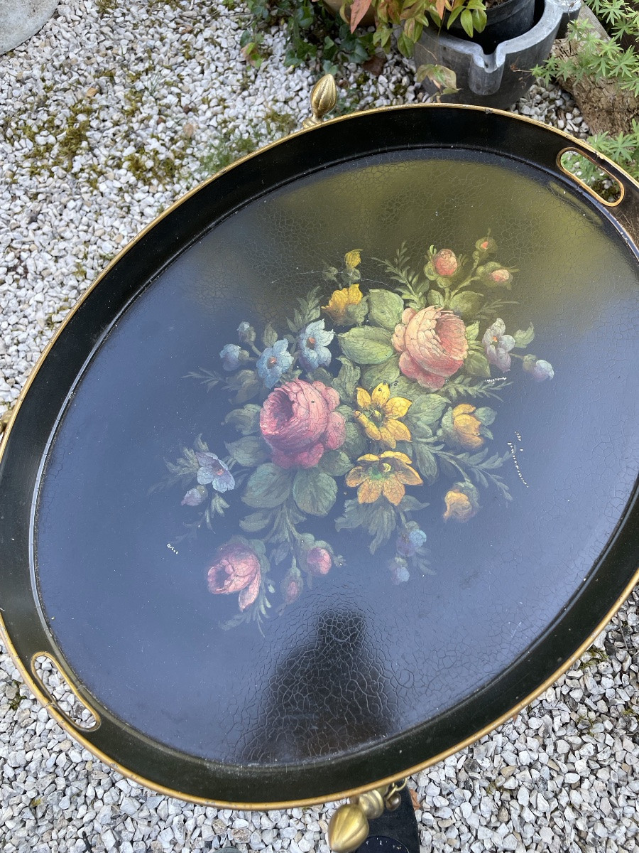 Flying Table With Metal Base And Sheet Metal Top With Floral Decoration -photo-7