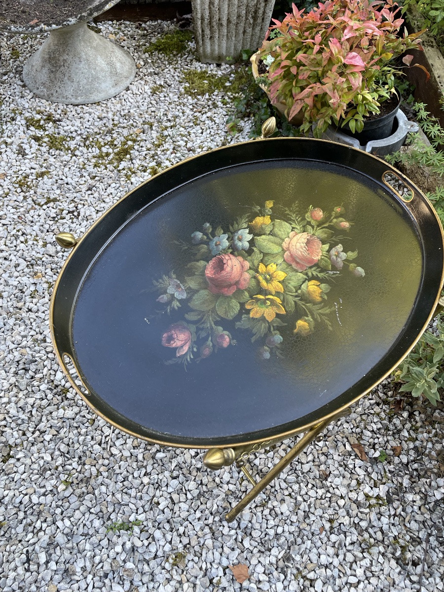 Flying Table With Metal Base And Sheet Metal Top With Floral Decoration -photo-8