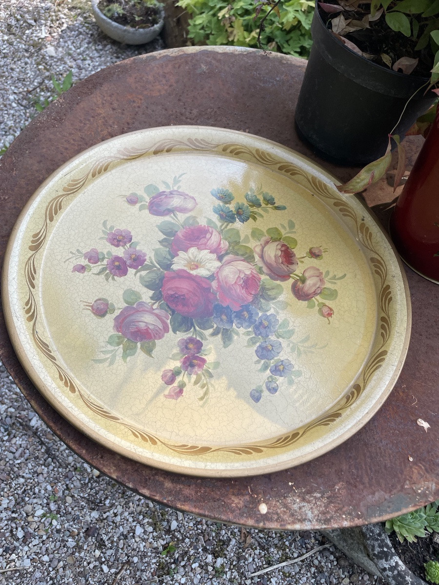 Painted Sheet Metal Tray Decorated With A Bouquet Of Flowers-photo-2