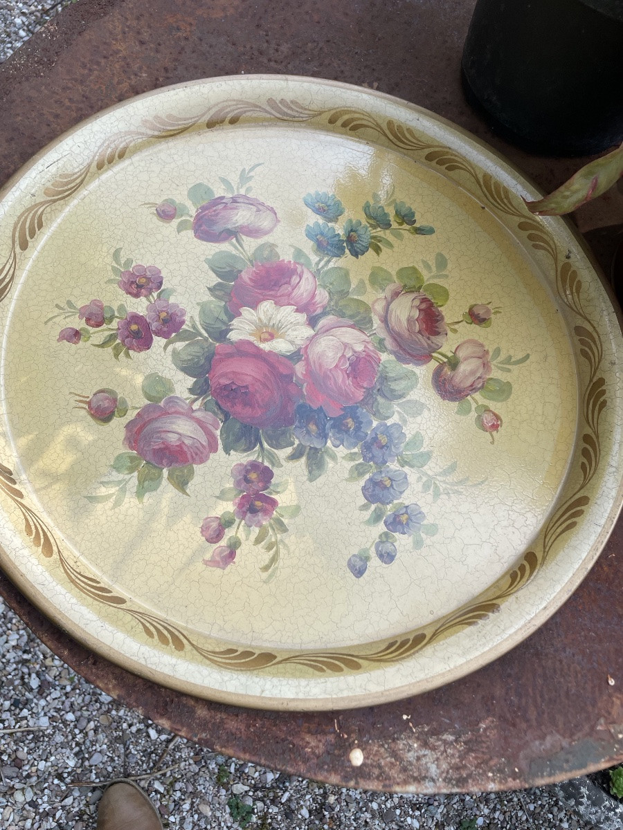 Painted Sheet Metal Tray Decorated With A Bouquet Of Flowers-photo-3