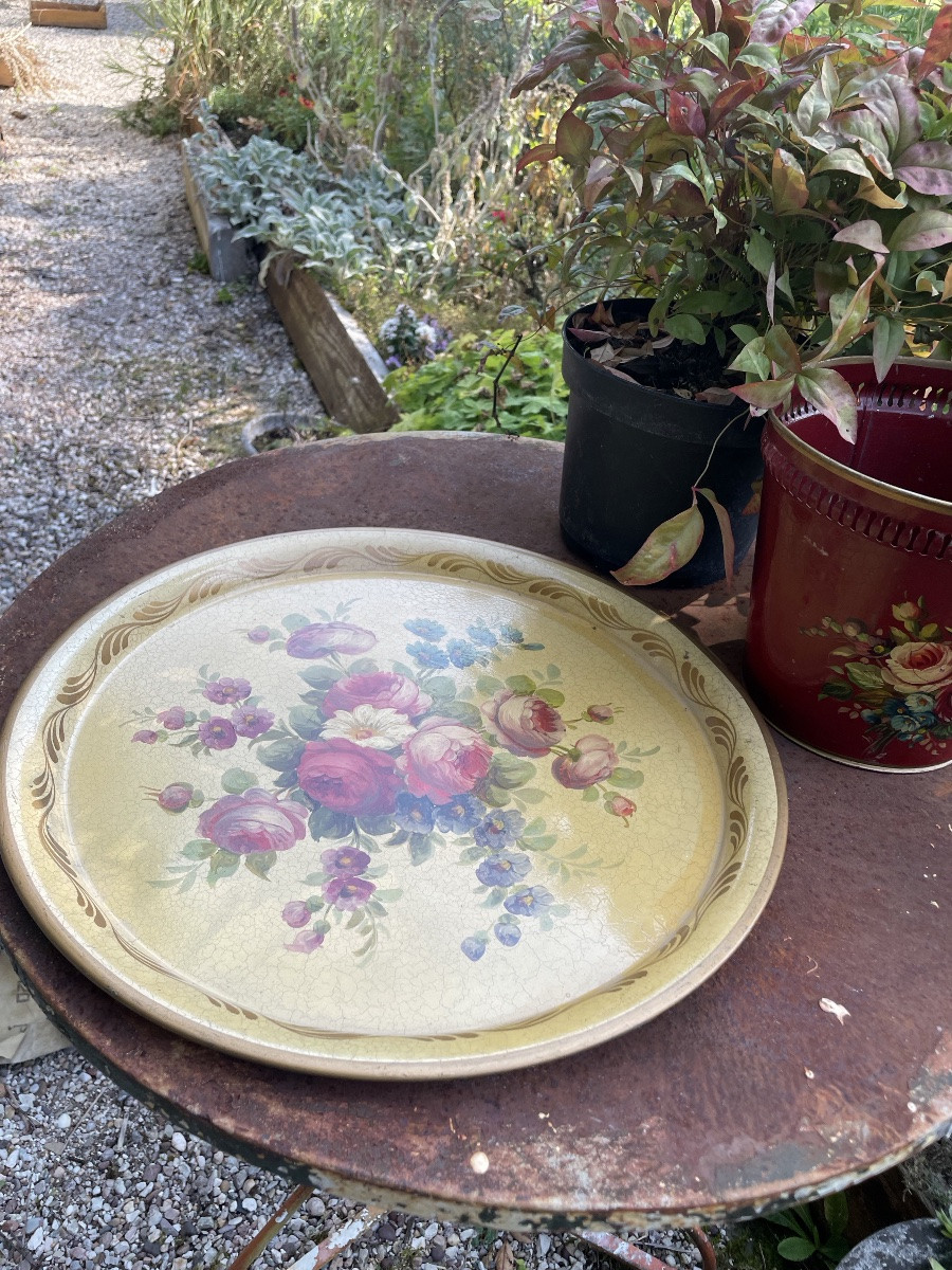 Painted Sheet Metal Tray Decorated With A Bouquet Of Flowers-photo-3