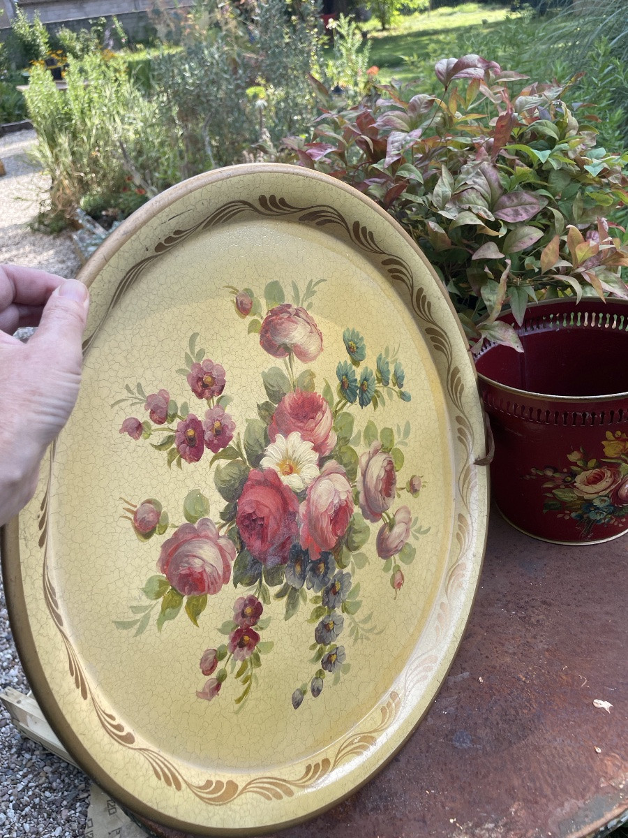 Painted Sheet Metal Tray Decorated With A Bouquet Of Flowers-photo-4
